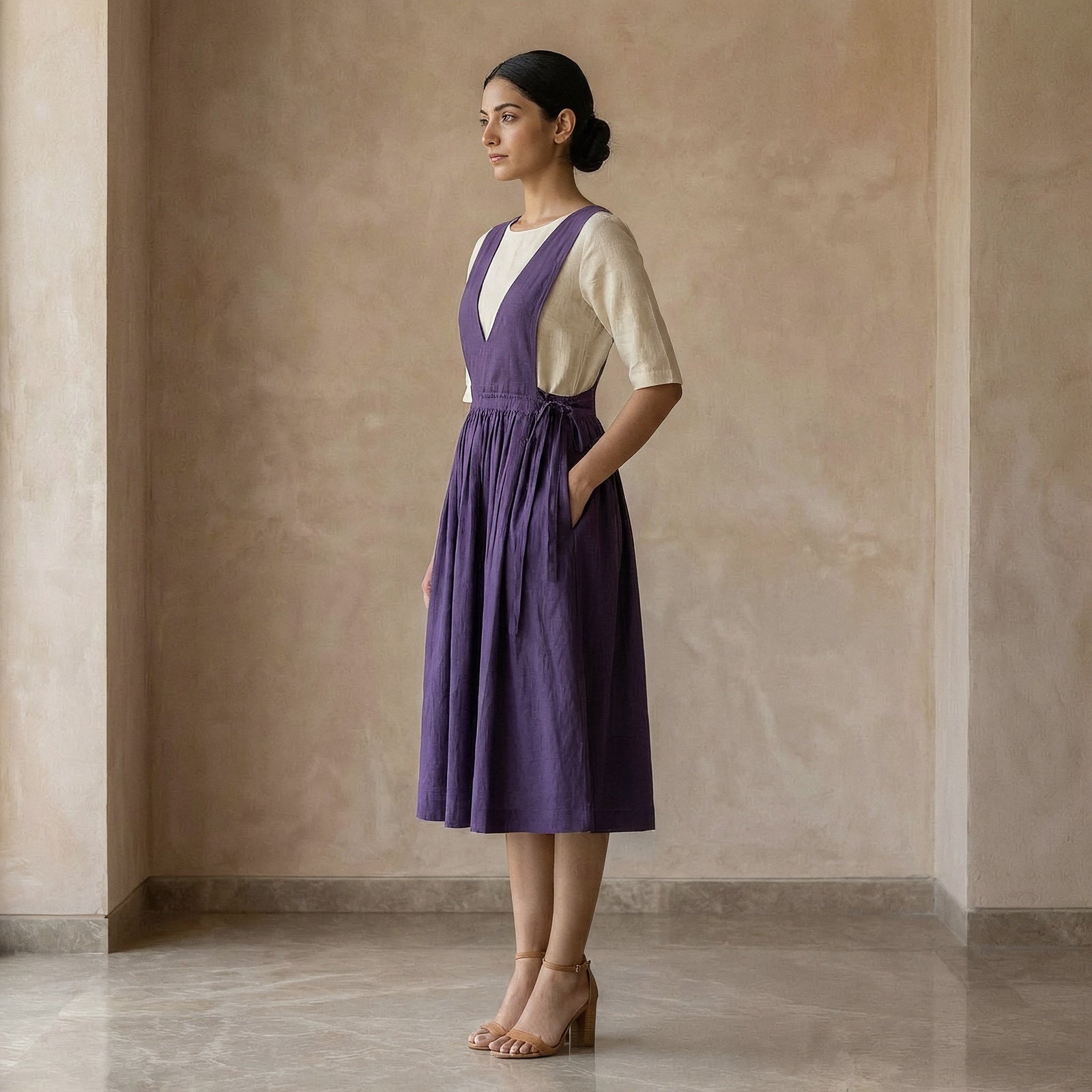 Buy Purple Cotton Poplin V-Neck Pinafore Midi Wrap Dress Online at