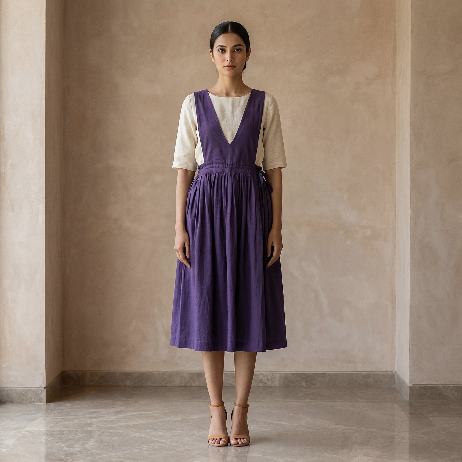 Buy Purple Cotton Poplin V-Neck Pinafore Midi Wrap Dress Online at