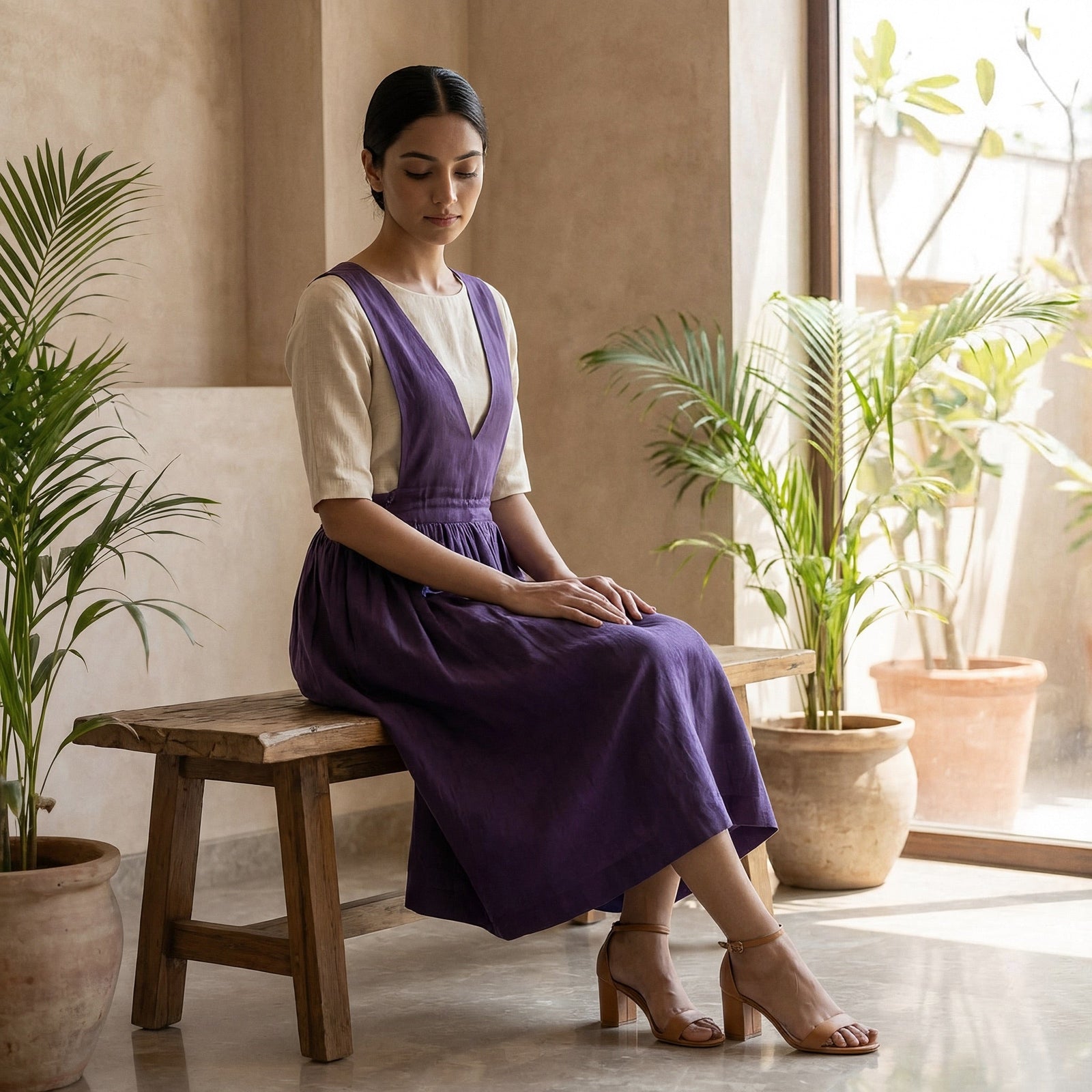 Buy Purple Cotton Poplin V-Neck Pinafore Midi Wrap Dress Online at
