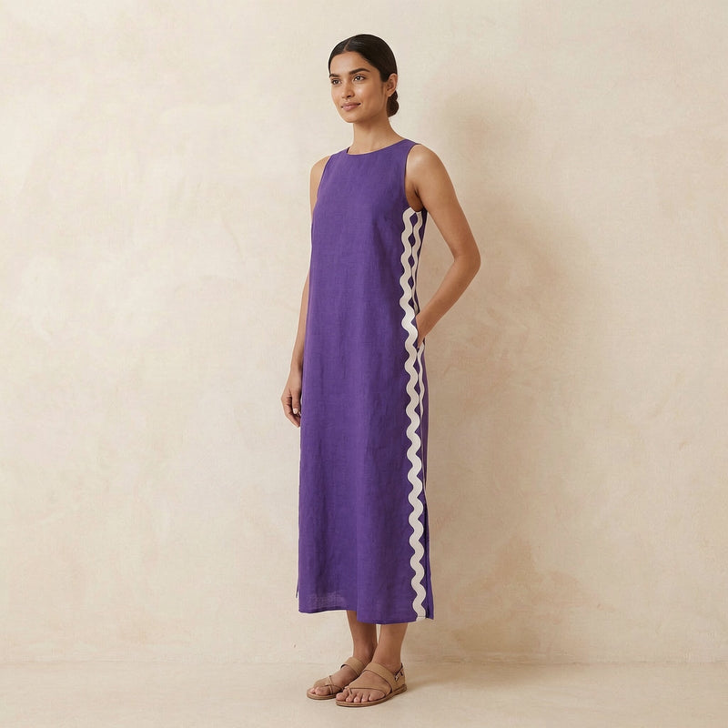 Purple Cotton Poplin Wavy Stripe Maxi Shift Dress 60