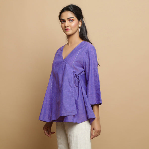 Purple Embroidered Cotton Poplin Asymmetrical Godet Top