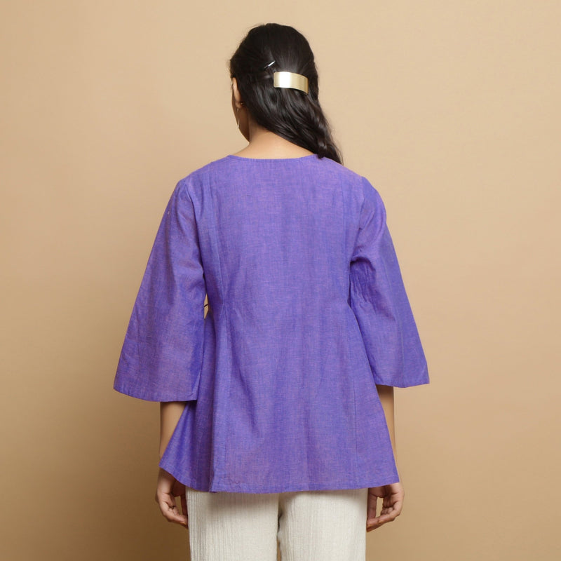 Purple Embroidered Cotton Poplin Asymmetrical Godet Top