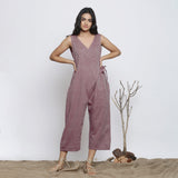 Front View of a Model wearing Purple Handspun Plunge Neck Wrap Jumpsuit