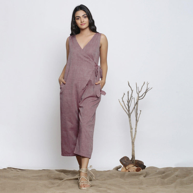 Front View of a Model wearing Purple Handspun Plunge Neck Wrap Jumpsuit