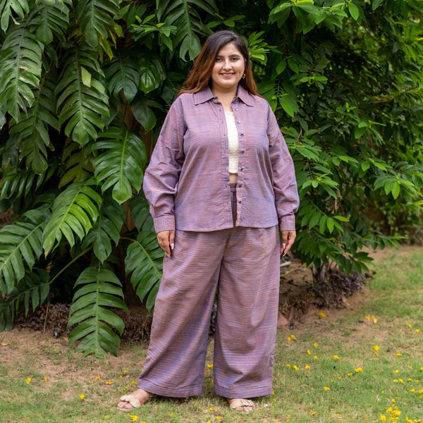 Purple Striped Cotton Shirt and High-Rise Baggy Pant Co-ord Set