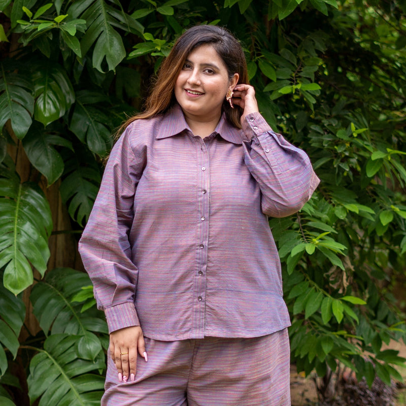 Purple Striped Cotton Shirt and High-Rise Baggy Pant Co-ord Set