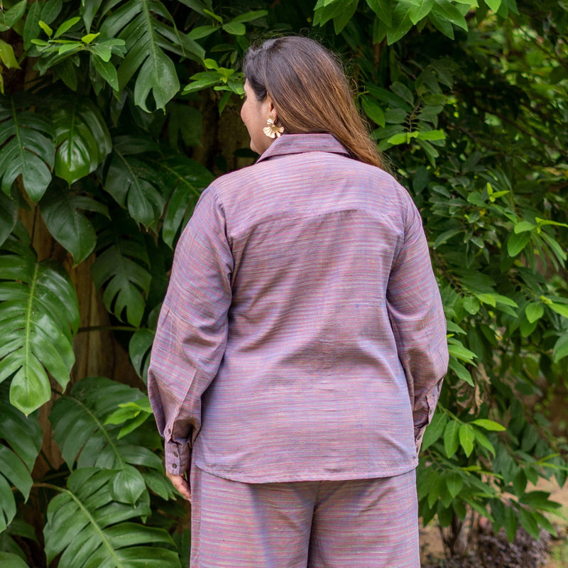 Purple Striped Cotton Shirt and High-Rise Baggy Pant Co-ord Set