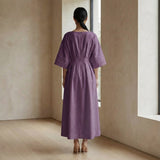 Purple Warm Cotton Flannel Boat Neck Maxi Dress with Kimono Sleeves