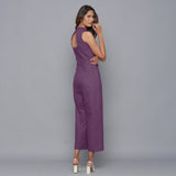 Back View of a Model wearing Purple Flannel Sleeveless Jumpsuit