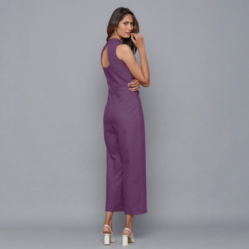 Back View of a Model wearing Purple Flannel Sleeveless Jumpsuit