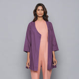 Front View of a Model wearing Purple Relaxed Cotton Flannel Wrap Overlay