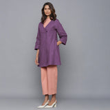 Front View of a Model wearing Purple Relaxed Cotton Flannel Wrap Overlay