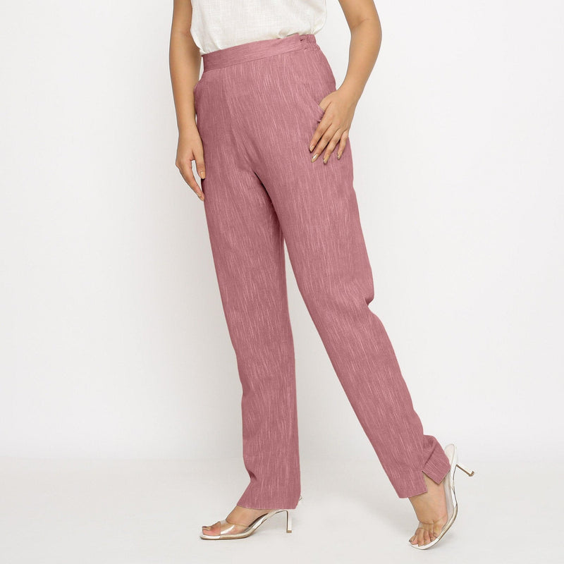 Front View of a Model wearing Purple Yarn Dyed Mid Rise Tapered Pant