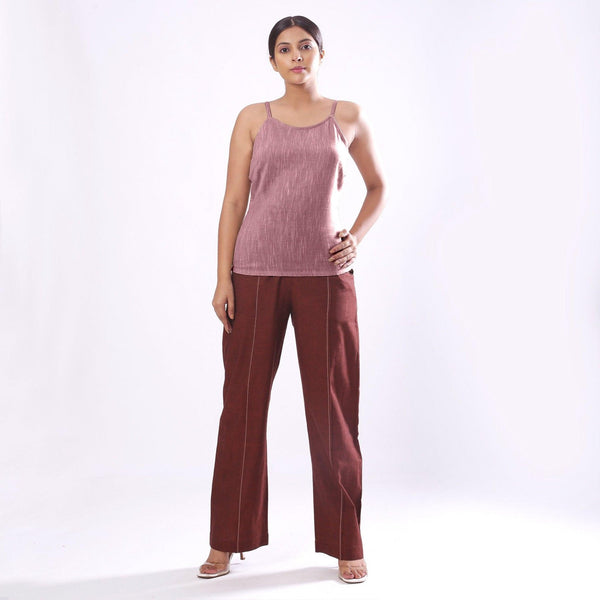 Front View of a Model wearing Solid Purple Basic Cotton Spaghetti Top