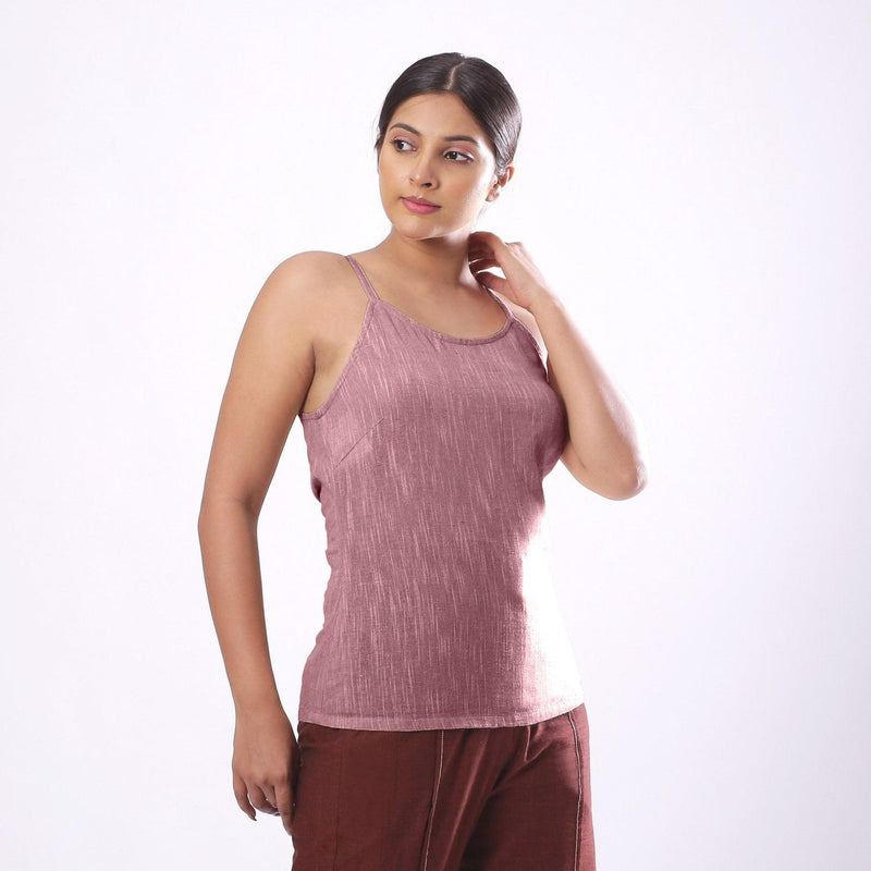 Right View of a Model wearing Solid Purple Basic Cotton Spaghetti Top