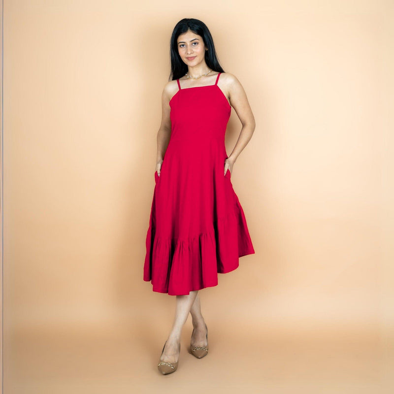 Red 100% Cotton Asymmetrical Fit and Flare Midi Dress