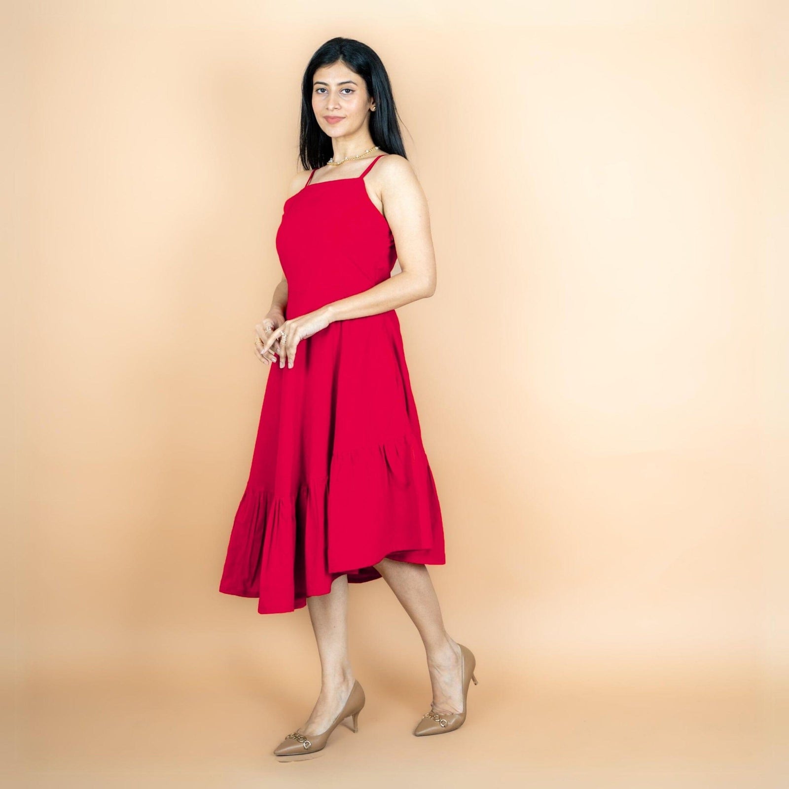 Red 100% Cotton Asymmetrical Fit and Flare Midi Dress 56