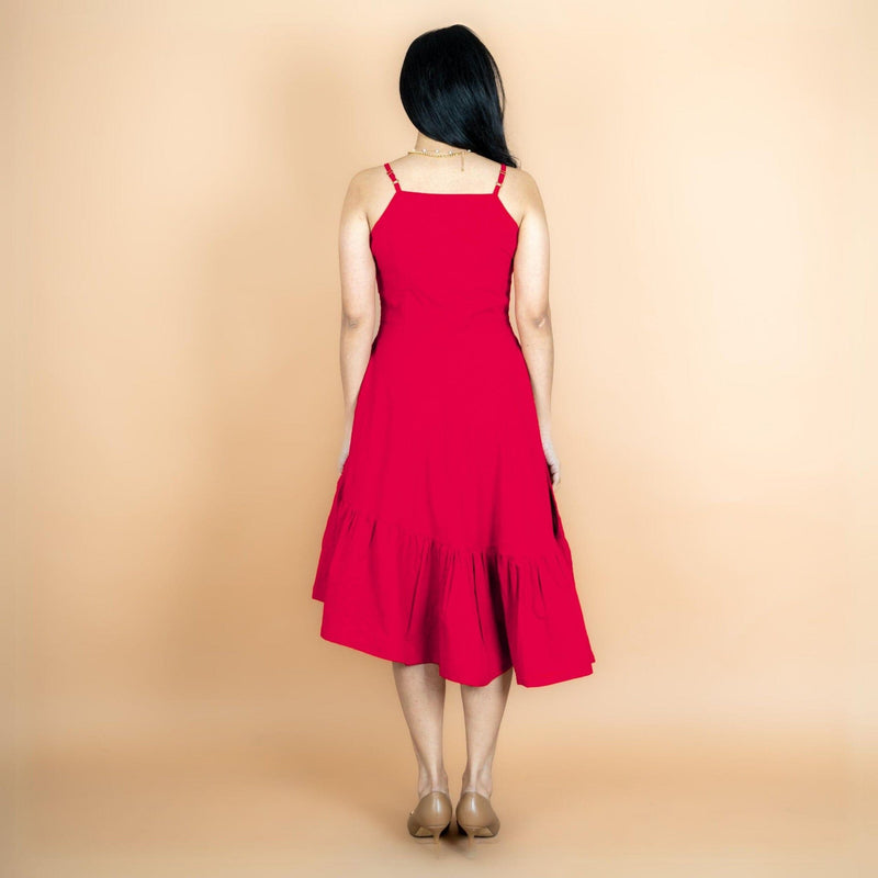 Red 100% Cotton Asymmetrical Fit and Flare Midi Dress