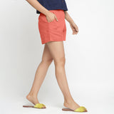 Right View of a Model wearing Red Solid Cotton Short Shorts