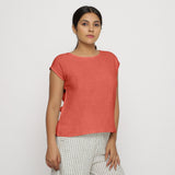 Red 100% Cotton Round Neck Cap Sleeve Top