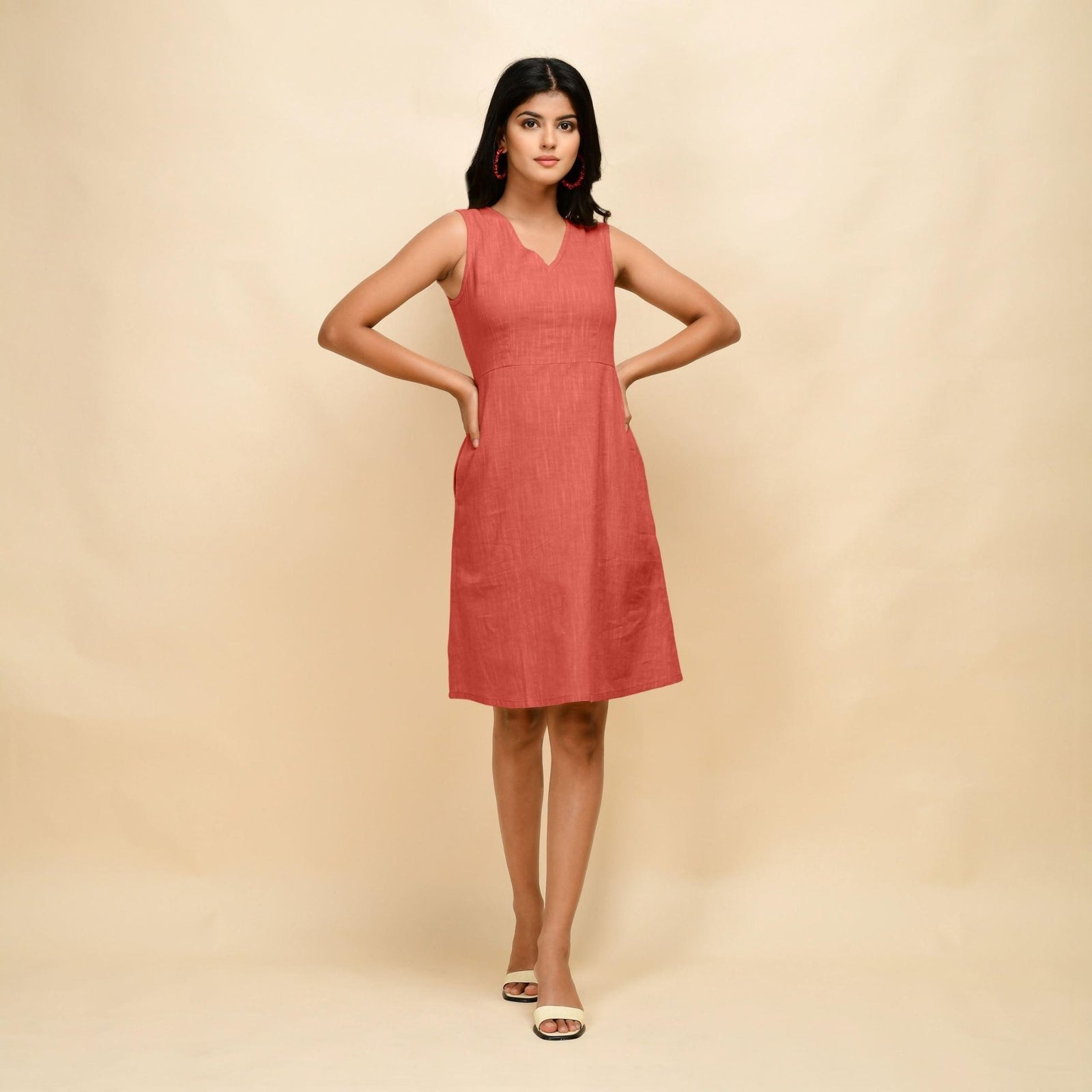 Red 100% Cotton Slim Fit Sleeveless Short Dress 54" / Custom Height (Free)