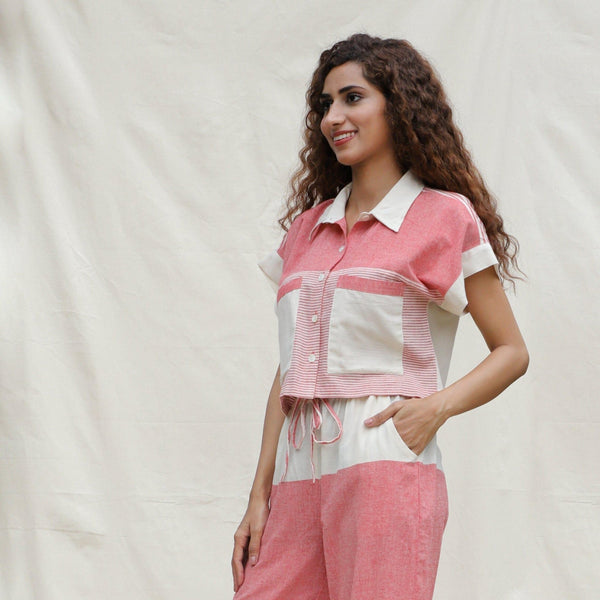 Left View of a Model wearing Red and Beige Striped 100% Cotton Button-Down Cropped Shirt