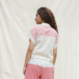 Back View of a Model wearing Red and Beige Striped 100% Cotton Button-Down Cropped Shirt