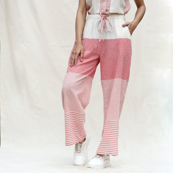 Front View of a Model wearing Red and Beige Striped 100% Cotton Mid-Rise Elasticated Straight Pant