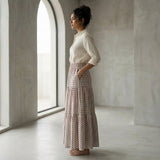 Red-Black Stripes Block Print Cotton Elasticated Maxi Tier Skirt