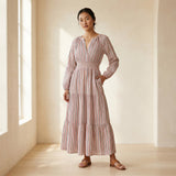 Red-Black Stripes Block Print Cotton Fit and Flare Maxi Tier Dress
