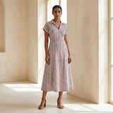 Red-Black Stripes Block Print Cotton Paneled A-Line Midi Dress