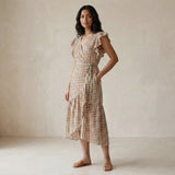 Red-Black Stripes Block Print Cotton Ruffle Midi Wrap Dress