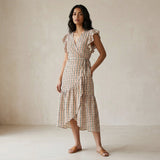 Red-Black Stripes Block Print Cotton Ruffle Midi Wrap Dress