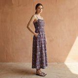Red-Blue Floral Block Print Cotton Ankle Length Flared Sundress
