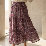 Red-Blue Floral Block Print Cotton Elasticated Maxi Tier Skirt