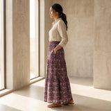 Red-Blue Floral Block Print Cotton Elasticated Maxi Tier Skirt