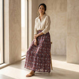 Red-Blue Floral Block Print Cotton Elasticated Maxi Tier Skirt