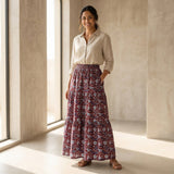 Red-Blue Floral Block Print Cotton Elasticated Maxi Tier Skirt