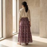 Red-Blue Floral Block Print Cotton Elasticated Maxi Tier Skirt