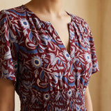 Red-Blue Floral Block Print Cotton Flutter Sleeve Tie-Back Tiered Midi Dress