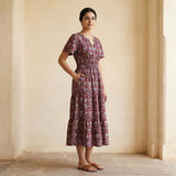 Red-Blue Floral Block Print Cotton Flutter Sleeve Tie-Back Tiered Midi Dress