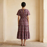Red-Blue Floral Block Print Cotton Flutter Sleeve Tie-Back Tiered Midi Dress