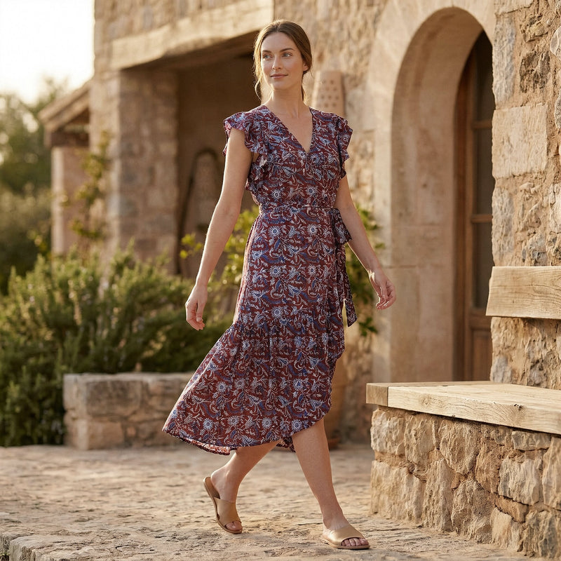block print dress Buy Red-Blue Floral Block Print Cotton Ruffle Midi Wrap Dress Online at  SeamsFriendly