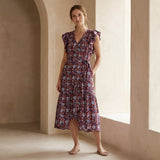 Red-Blue Floral Block Print Cotton Ruffle Midi Wrap Dress