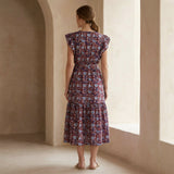 Red-Blue Floral Block Print Cotton Ruffle Midi Wrap Dress