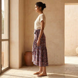 Red-Blue Floral Block Print Cotton Ruffle Midi Wrap Skirt