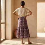 Red-Blue Floral Block Print Cotton Ruffle Midi Wrap Skirt