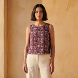 Red-Blue Floral Block Print Cotton Sleeveless Side-Tie Top