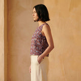 Red-Blue Floral Block Print Cotton Sleeveless Side-Tie Top