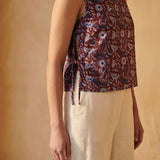 Red-Blue Floral Block Print Cotton Sleeveless Side-Tie Top